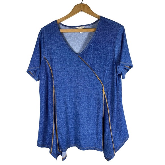 Cato Knit Top Shirt Large Blue Drapey Asymetrical Shark Bite Hem Knit Tunic S/S - Picture 1 of 6